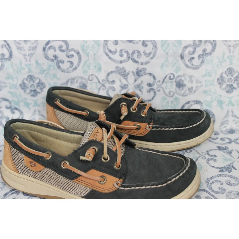 Sperry‎ Top Sider Boat Shoes Womens 6.5M Navy Tan Mesh Leather Laces